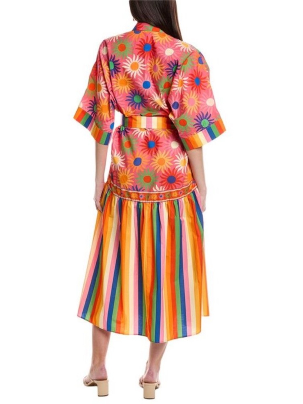 FARM RIO Graphic Macaws Mixed Midi Dress Orange Missing Belt Size Medium - Picture 6 of 12